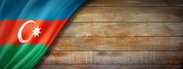 Флаг Азербайджана Винтажной Деревянной Стене Горизонтальное Панорамное Знамя — стоковое фото