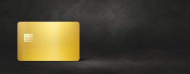 Siyah beton arka planda altın kredi kartı şablonu. 3B illüstrasyon