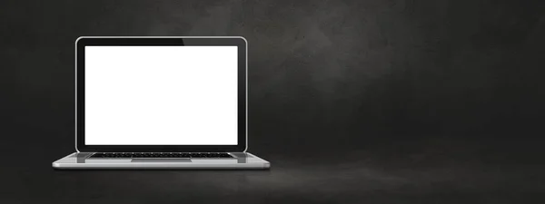 Laptop computer on dark concrete office scene background banner. 3D Illustration