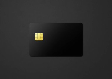 Siyah kredi kartı şablonu koyu bir arkaplanda. 3B illüstrasyon