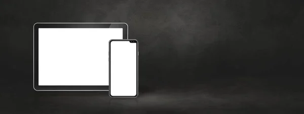 Celular Tablet Digital Cena Escritório Concreto Escuro Bandeira Fundo Horizontal — Fotografia de Stock