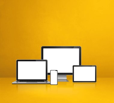 Bilgisayar, dizüstü bilgisayar, cep telefonu ve dijital tablet bilgisayar - sarı ofis masası geçmişi. 3B Görüntü