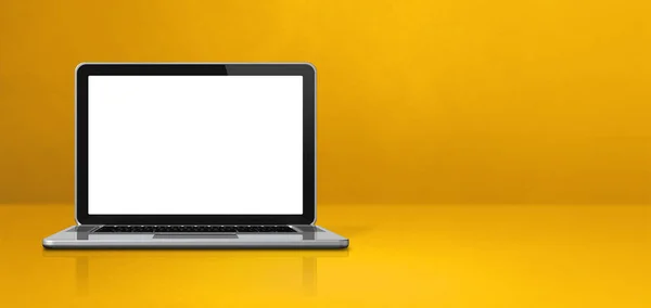 Laptop computer on yellow office scene background banner. 3D Illustration