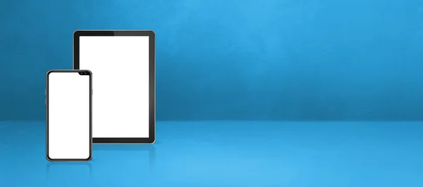 Cep Telefonu Dijital Tablet Bilgisayarı Mavi Ofis Masasında Yatay Arkaplan — Stok fotoğraf