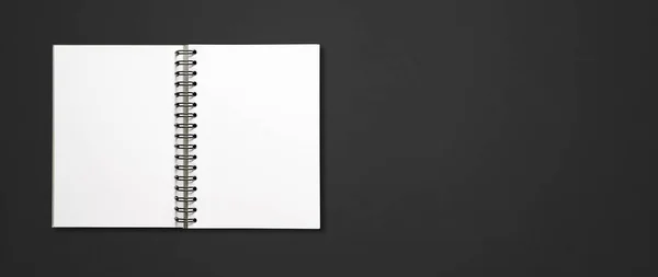 Blank Open Spiral Notebook Mockup Isolated Black Horizontal Banner — Stock Photo, Image