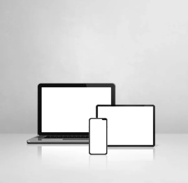 Laptop Telefone Celular Tablet Digital Mesa Escritório Concreto Branco Ilustração — Fotografia de Stock