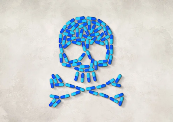 Skull Made Blue Capsule Pills Isolated White Concrete Background Illustration — Stock Photo, Image