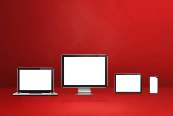 Computer Laptop Mobiele Telefoon Digitale Tablet Rode Bureauachtergrond Illustratie — Stockfoto