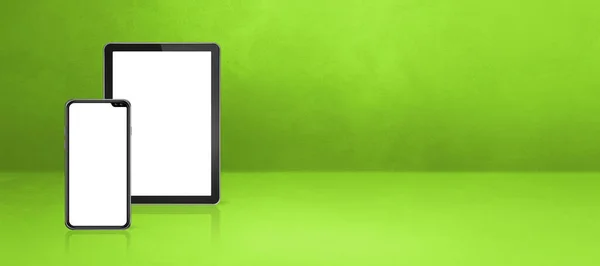 Telefon Komórkowy Cyfrowy Tablet Zielonym Biurku Poziomy Baner Tle Ilustracja — Zdjęcie stockowe