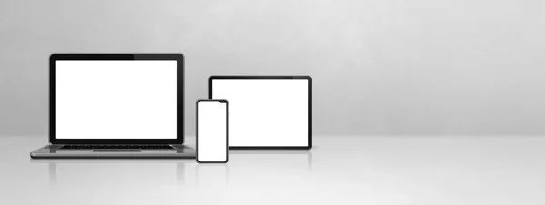 Ordenador Portátil Teléfono Móvil Tableta Digital Escritorio Oficina Hormigón Blanco —  Fotos de Stock