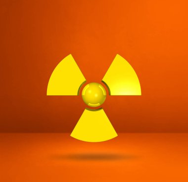 Turuncu stüdyo arka planında izole edilmiş radyoaktif sembol. 3B illüstrasyon