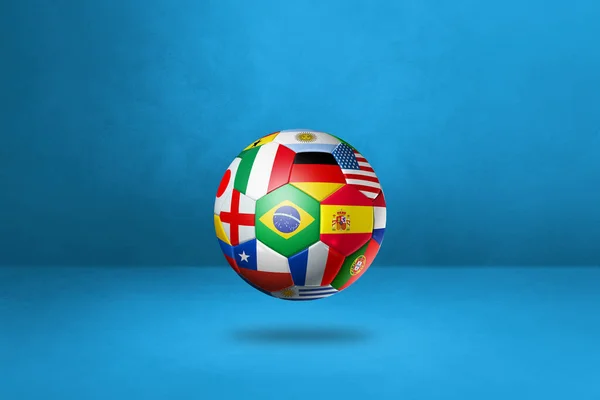 Ποδόσφαιρο Μπάλα Ποδοσφαίρου Εθνικές Σημαίες Απομονώνονται Ένα Μπλε Φόντο Στούντιο — Φωτογραφία Αρχείου