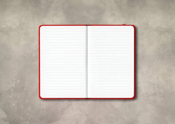 Mockup Notebook Rosso Aperto Foderato Isolato Sfondo Cemento — Foto Stock