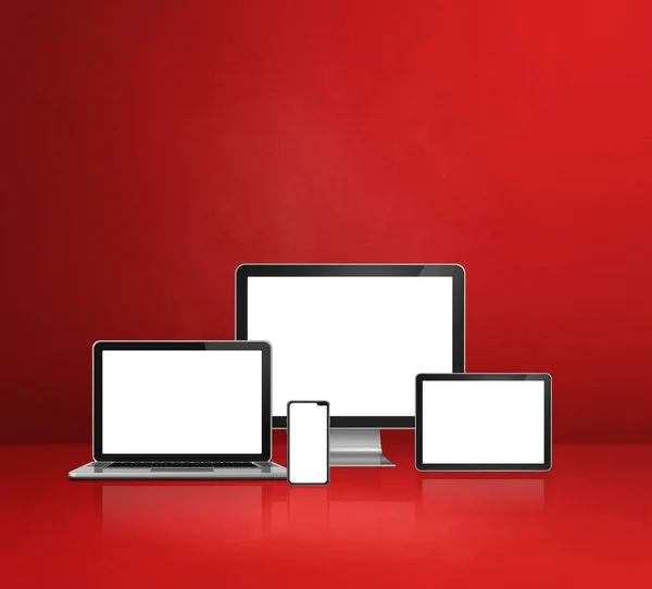 Компьютер Ноутбук Мобильный Телефон Цифровой Планшет Красный Офисный Фон Моделирование — стоковое фото