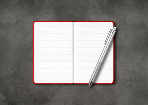 Red Open Lined Notebook Mockup Pen Isolated Dark Concrete Background — Stock Photo, Image
