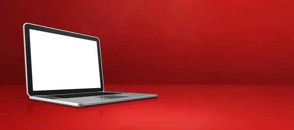 Laptop computer on red office scene background banner. 3D Illustration