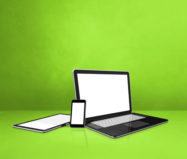Laptop Mobiele Telefoon Digitale Tablet Groen Bureau Illustratie — Stockfoto
