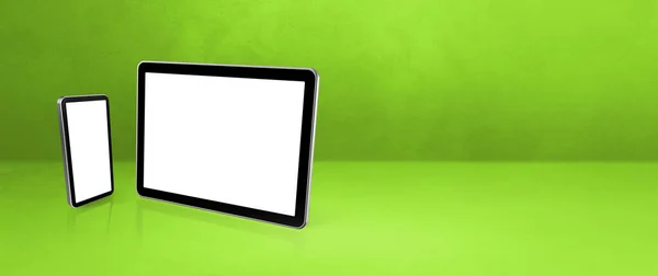 Teléfono Móvil Tableta Digital Escritorio Oficina Verde Banner Fondo Horizontal —  Fotos de Stock