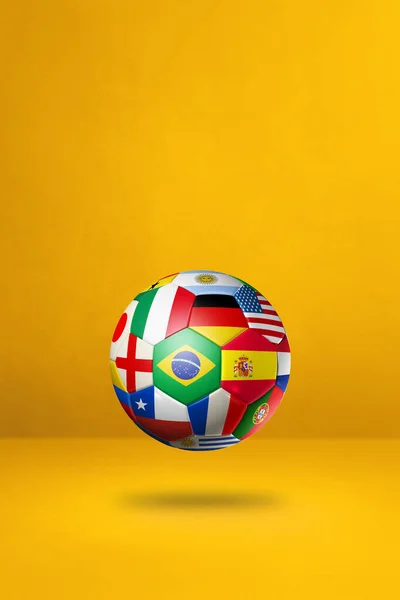 Bola Futebol Com Bandeiras Nacionais Isoladas Fundo Estúdio Amarelo Ilustração — Fotografia de Stock