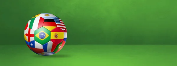 Piłka Nożna Flagami Narodowymi Odizolowana Zielonym Banerze Studyjnym Ilustracja — Zdjęcie stockowe