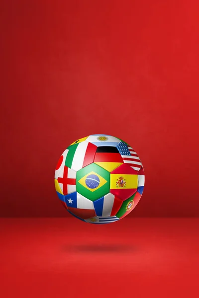 Ballon Football Avec Drapeaux Nationaux Isolés Sur Fond Studio Rouge — Photo