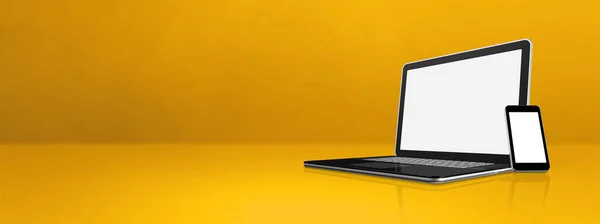 Laptop Und Handy Auf Gelbem Schreibtischbanner Illustration — Stockfoto