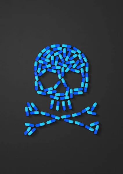 Skull Made Blue Capsule Pills Isolated Black Background Illustration — Stock Photo, Image