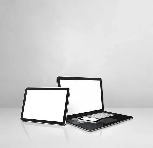 Laptop Handy Und Digitaler Tablet Auf Weißem Betonschreibtisch Illustration — Stockfoto