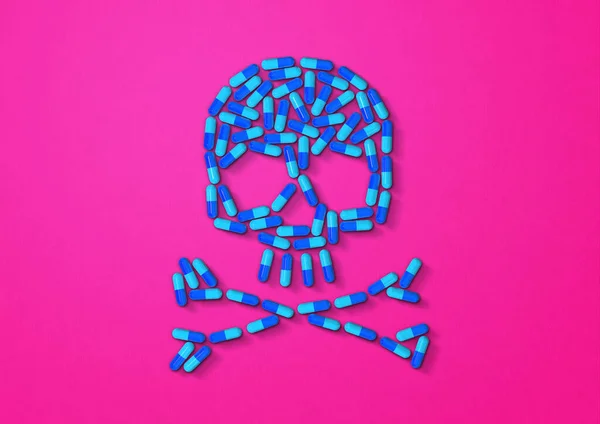 用蓝色胶囊制成的骷髅 在粉色背景上分离 3D插图 — 图库照片