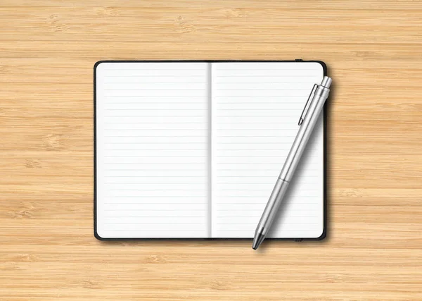 Mockup Notebook Nero Aperto Foderato Con Una Penna Isolata Sfondo — Foto Stock