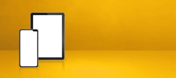 Telefon Komórkowy Cyfrowy Tablet Żółtym Biurku Poziomy Baner Tle Ilustracja — Zdjęcie stockowe