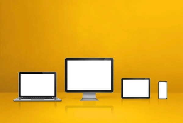 Computer Laptop Handy Und Digitaler Tablet Gelber Büroschreibtisch Hintergrund Illustration — Stockfoto
