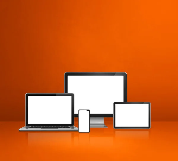 Computer Laptop Mobiele Telefoon Digitale Tablet Oranje Bureau Achtergrond Illustratie — Stockfoto