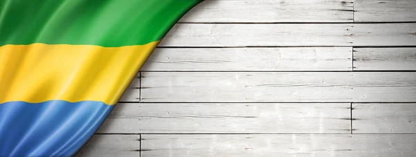 Gabonská Vlajka Staré Bílé Zdi Horizontální Panoramatický Nápis — Stock fotografie