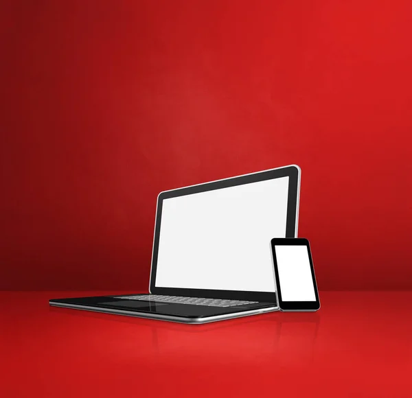 Laptop Cep Telefonu Kırmızı Ofis Masasında Görüntü — Stok fotoğraf