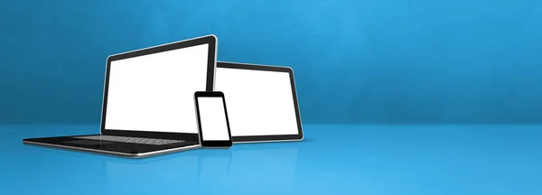 Laptop, mobile phone and digital tablet pc on blue office desk. Banner background. 3D Illustration