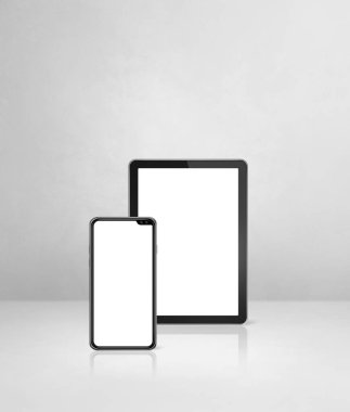 Cep telefonu ve dijital tablet bilgisayar beyaz beton ofis masasında. 3B Görüntü