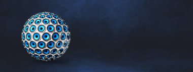 Hoparlörler koyu mavi bir stüdyo pankartıyla izole edilmiş. 3B illüstrasyon