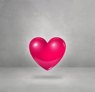 Beton bir stüdyoda 3 boyutlu pembe kalp izole edilmiş. 3B illüstrasyon 