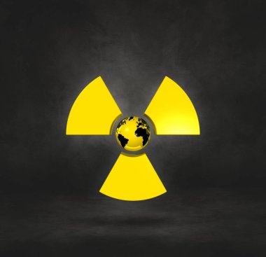 Radyoaktif semboldeki dünya haritası. Siyah stüdyo geçmişi. 3B illüstrasyon