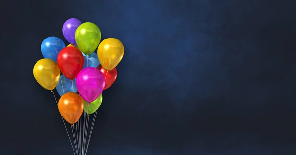Colorful balloons bunch on a black wall background. Horizontal banner. 3D illustration render