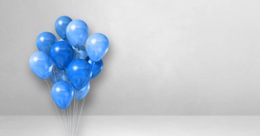 Beyaz arka planda mavi balonlar. Yatay pankart. 3B illüstrasyon oluşturucu