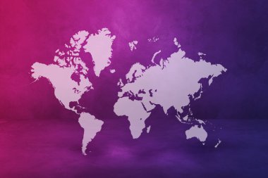 Dünya haritası mor duvar arka planında izole edildi. 3B illüstrasyon