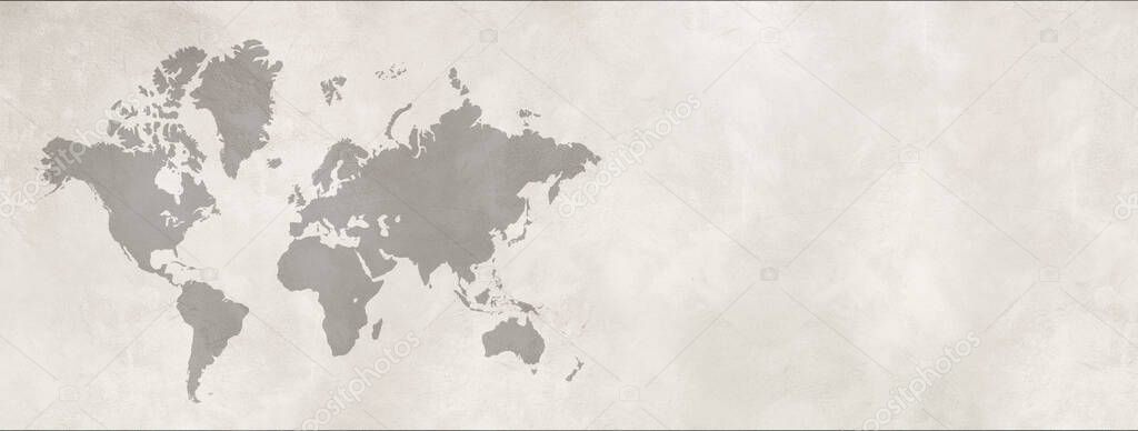 World map isolated on white concrete wall background. Horizontal banner