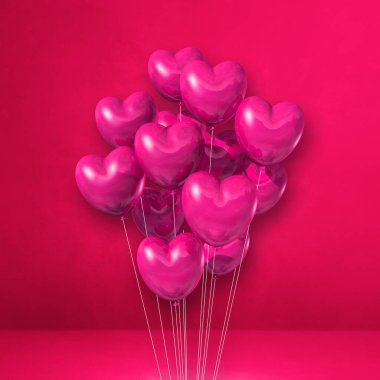Kalp şeklindeki balonlar pembe duvar arkasında bir araya toplanmış. 3B illüstrasyon oluşturucu