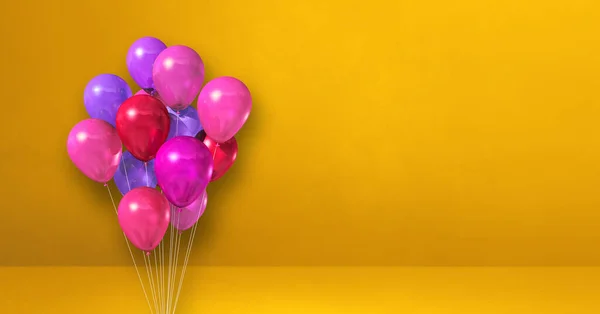 Pinkfarbene Luftballons Vor Gelbem Hintergrund Horizontale Fahne Illustrationsrenderer — Stockfoto
