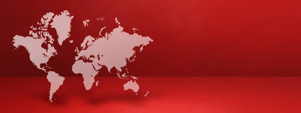 Mapa Świata Odizolowana Tle Czerwonej Ściany Ilustracja Baner Poziomy — Zdjęcie stockowe
