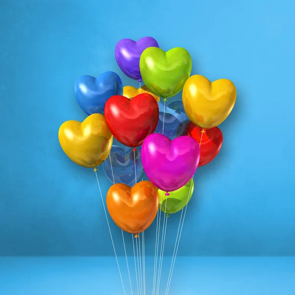 Manojo Globos Coloridos Forma Corazón Sobre Fondo Pared Azul Renderizado — Foto de Stock