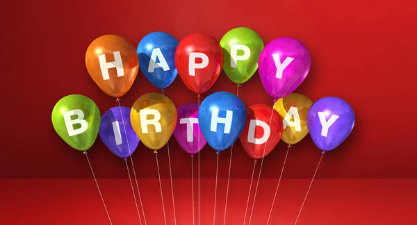 五彩缤纷的生日空气气球在红色的背景场景 横向横幅 3D插图渲染 — 图库照片