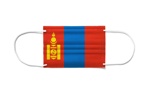 Flaga Mongolii Jednorazowej Masce Chirurgicznej Białe Tło Izolowane — Zdjęcie stockowe
